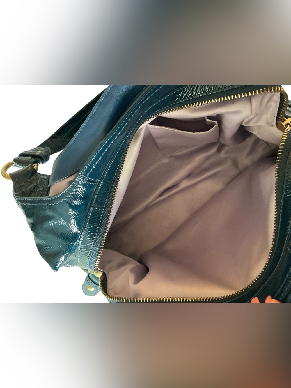 Coach Maggie Teal Blue Patent Leather Pleated Hobo Shoulder Bag 13900 - Picture 12 of 16